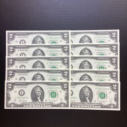10 Crisp Uncirculated and Sequential $2 Dollar Bills