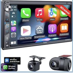SJoyBring Upgrade Wireless Double Din Car Stereo with Apple Carplay, Android Auto, Dash Cam, Bluetooth, 4-Channel RCA, 2 Subwoofer Ports, 7" HD Capaci