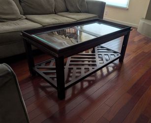 coffee table, living room center table, dark wood finish with glass top