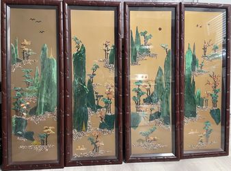Set of 4 Asian Jade Stone Landscape Wall Panels