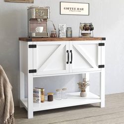 Farmhouse Coffee Bar Cabinets with Doors and Shelves, White Buffet Cabinet Storage, Small Barn Door for Dining Room, Console Table, Entryway