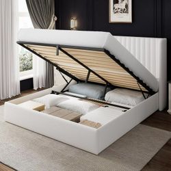 Queen Size Bed Frame with Lift up Storage & Wingback Headboard, Upholstered Velvet Bed Frame with Storage, Hydraulic Storage,White