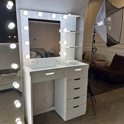 LED Makeup Vanity Table + Mirror Set — Glass Top & 6 Drawers (NEW)