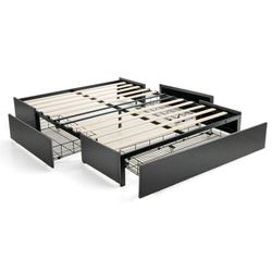Full Size Platform Bed Frame with 3 Storage Drawers Mattress Foundation Grey