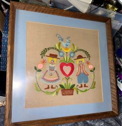 MCM 70s Scandinavian Folk Art Framed Crewel Needlepoint - Lorna Balian