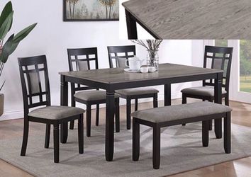 NEW IN BOX Beautiful Wood Grey Dining Table + 4 Chairs Chair plus Bench Set