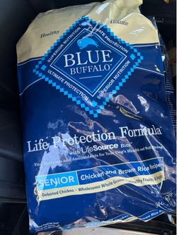 Blue Buffalo Senior Dog Food (Two 34lb Bags) & 3 Bags of Treats Bundle