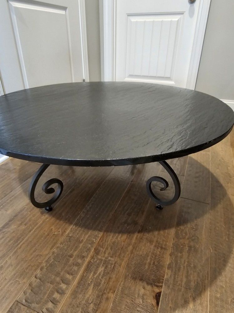 Vintage Unique 41w Black Stone Slab On Wrought Iron And Wood Base. 16" H. Top Appx 70lbs