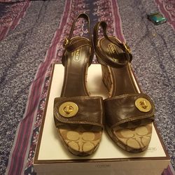 Coach women's Brown, gold, and tan wedges