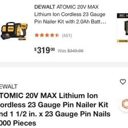 DEWALT ATOMIC 20V MAX Lithium Ion Cordless 23 Gauge Pin Nailer Kit and 1 1/2 in. x 23 Gauge Pin Nails 2000 Pieces