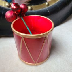 Ceramic red Drum Christmas Pot container w Ornament  Pick Floral Decor