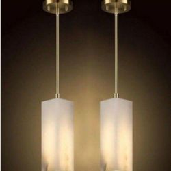 2 Pack 1 Light  Modern Industrial Farmhouse Hanging Kitchen Island Pendant Ceiling Light Fixture,Square Cylinder Natural Alabaster Marble Brushed Bron