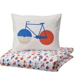 Ikea Sportslig Duvet Cover & 1 Pillowcase Bicycle Pattern Twin White Blue