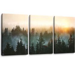 Forest Bathed in Sunlight Canvas Print Picture Painting Wall Art 16x12 Set Of 3