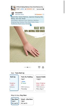 Tatami Mat, Tatami Mattress, Japanese Sleeping Mat, Rollup, FULL Size 78x60 (i7)