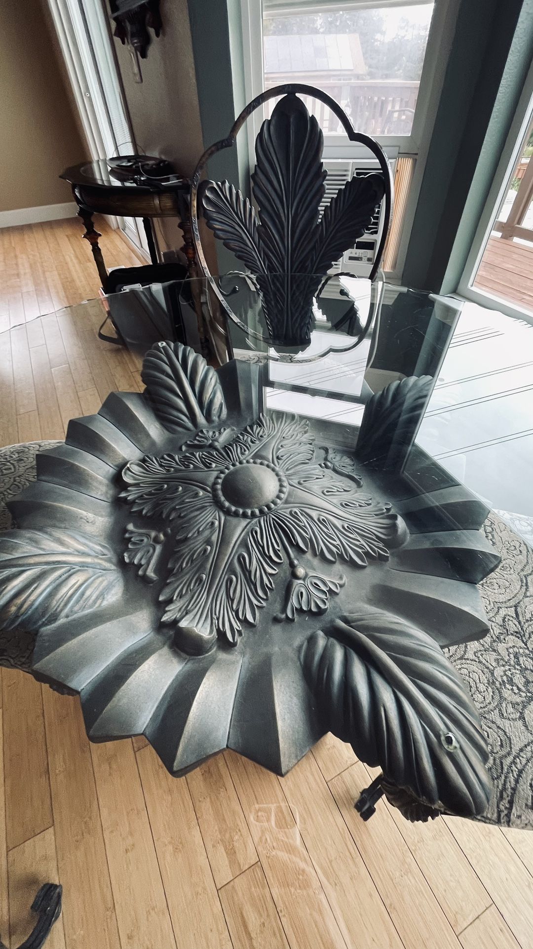 glass too leaf scroll metal chairs with custom upholstery'