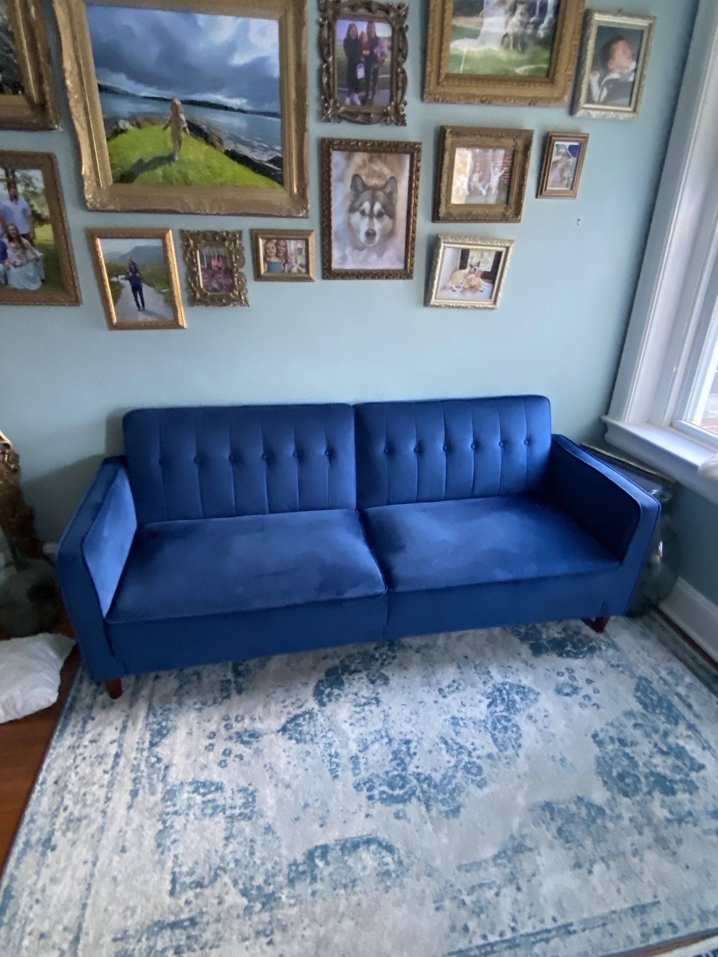 Blue Velvet Sleeper Sofa – 81” – Tufted & Folds Flat