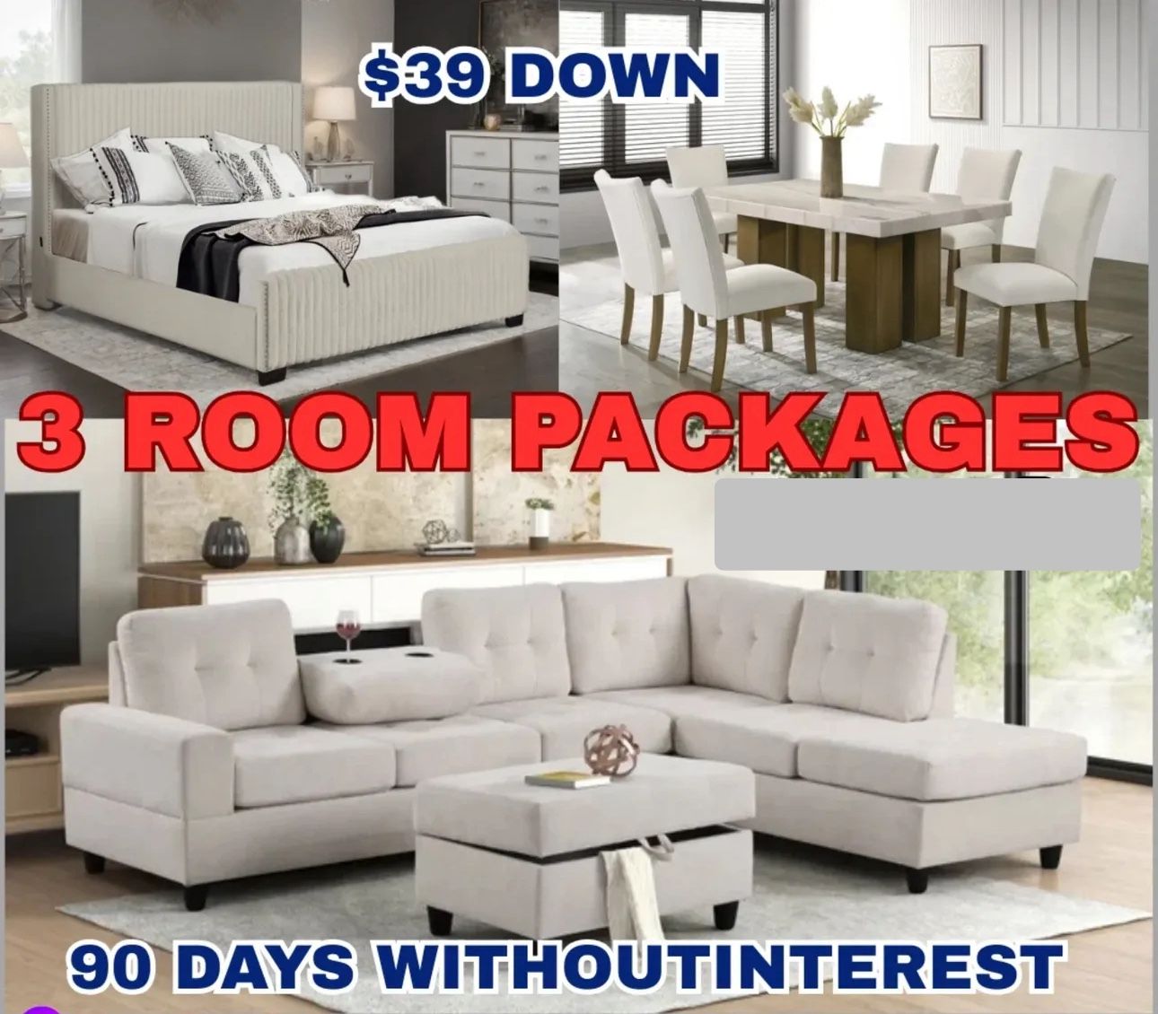 NEW 3 ROOM PACKAGE DEAL- BED MATTRESS DINING ROOM SECTIONAL SOFA AND MORE