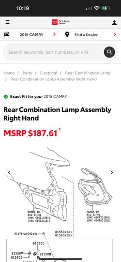 Toyota Camry Right Tail Light 2015-17