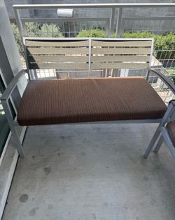 2x Outdoor Patio Bench with Cushion – Metal Frame & Wood Slat Back | Great Condition