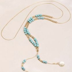 Turquoise Golden Long Beaded Necklace 