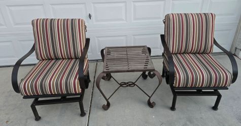 $600 ARIZONA IRON 2 ROCKING CHAIRS AND TABLE WITH NEW SUNBRELLA CUSHIONS