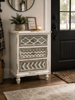 : Boho Glam 3-Drawer Nightstand | Distressed White & Gold Moroccan Fretwork