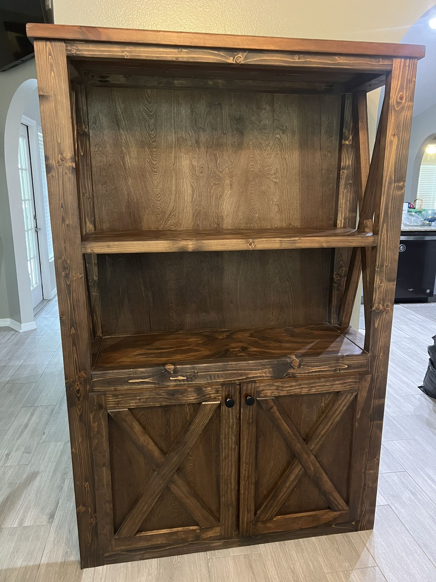 Rustic Solid Wood Bookshelf / Cabinet with Barn Doors โ Farmhouse Style