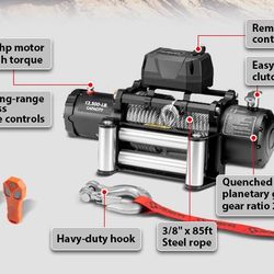 RUGCEL WINCH 12000lb 12V Truck Waterproof Electric Black Steel Rope Electric Winch with Roller Fairlead,Wired Handle,2 Infrared remote control,jeep tr