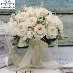 Holding Flowers Artificial Natural Rose Wedding Bouquet with Silk Satin Ribbon Pink White Champagne Bridesmaid Bridal Party Color: white Message me if