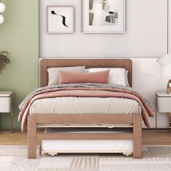 N-003  Twin Platform Bed Frame with Trundle, Kids Twin Size Bed with Headboard and Pull Out Trundle Bed, Wooden Twin Trundle Bed for Bedroom, Walnut