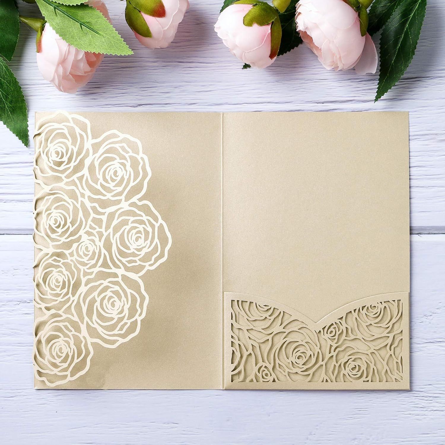 Rodvanvo Laser Cut Rose Invitation Holders with Pocket Champagne Pack of 17