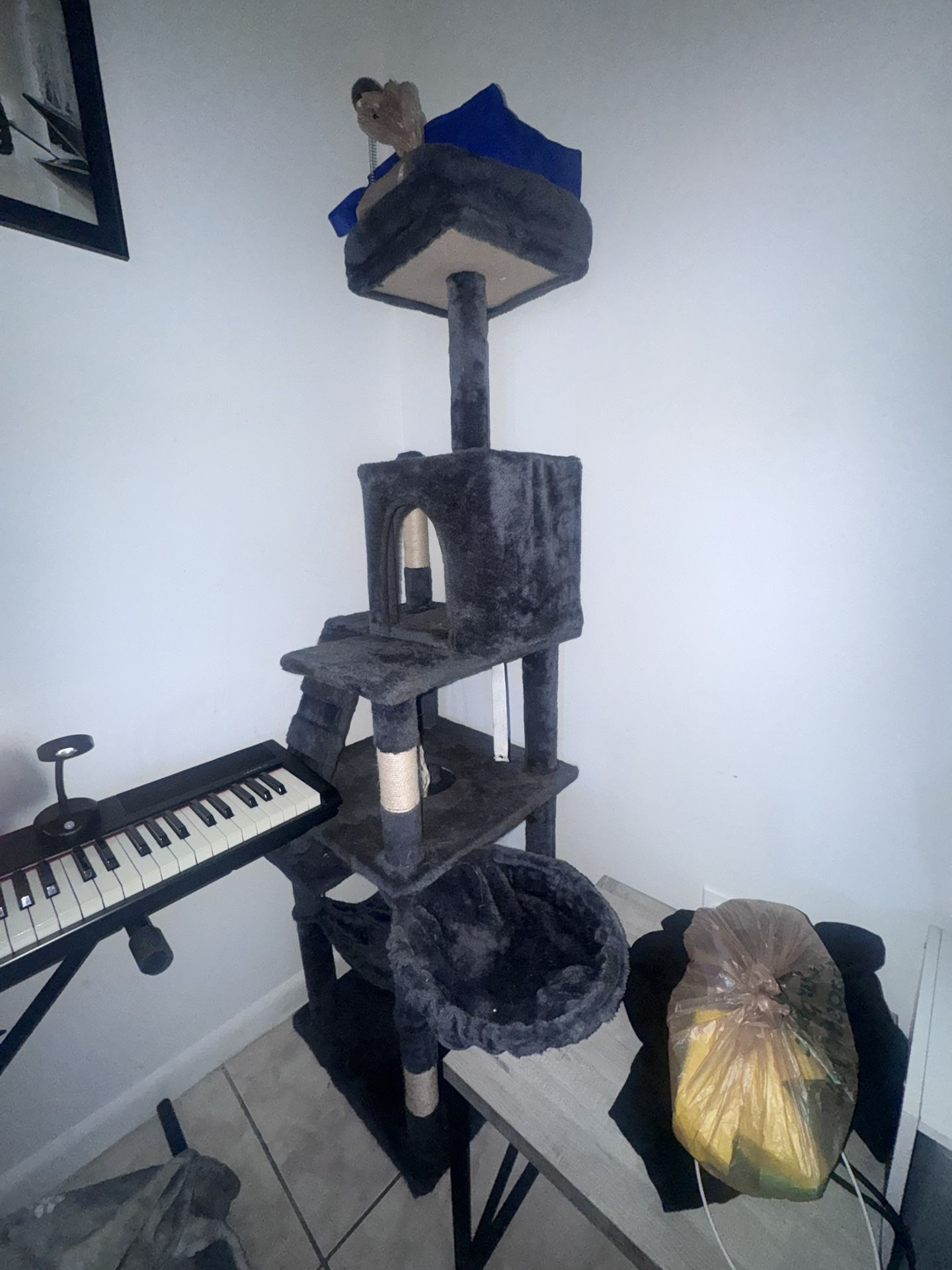 CAT TREE with TOYS and GROOMING SUPPLIES