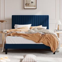 Full Upholstered Platform Bed Frame with Vertical Channel Tufted Velvet Fabric Adjustable Headboard, Wooden Slats Support, Mattress Foundation, Box Sp