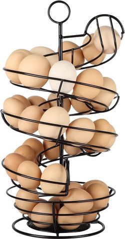 Black Metal Egg Holder, Spiral Egg Skelter Dispenser Rack with Basket