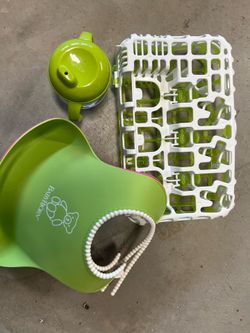 baby bottle, wash basket, baby bibs