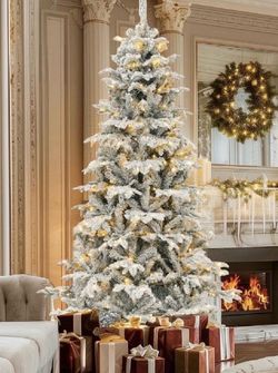 Luxury Snow Flocked Artificial Christmas Tree w/ Pre-Lit Warm LEDs – 6.5FT