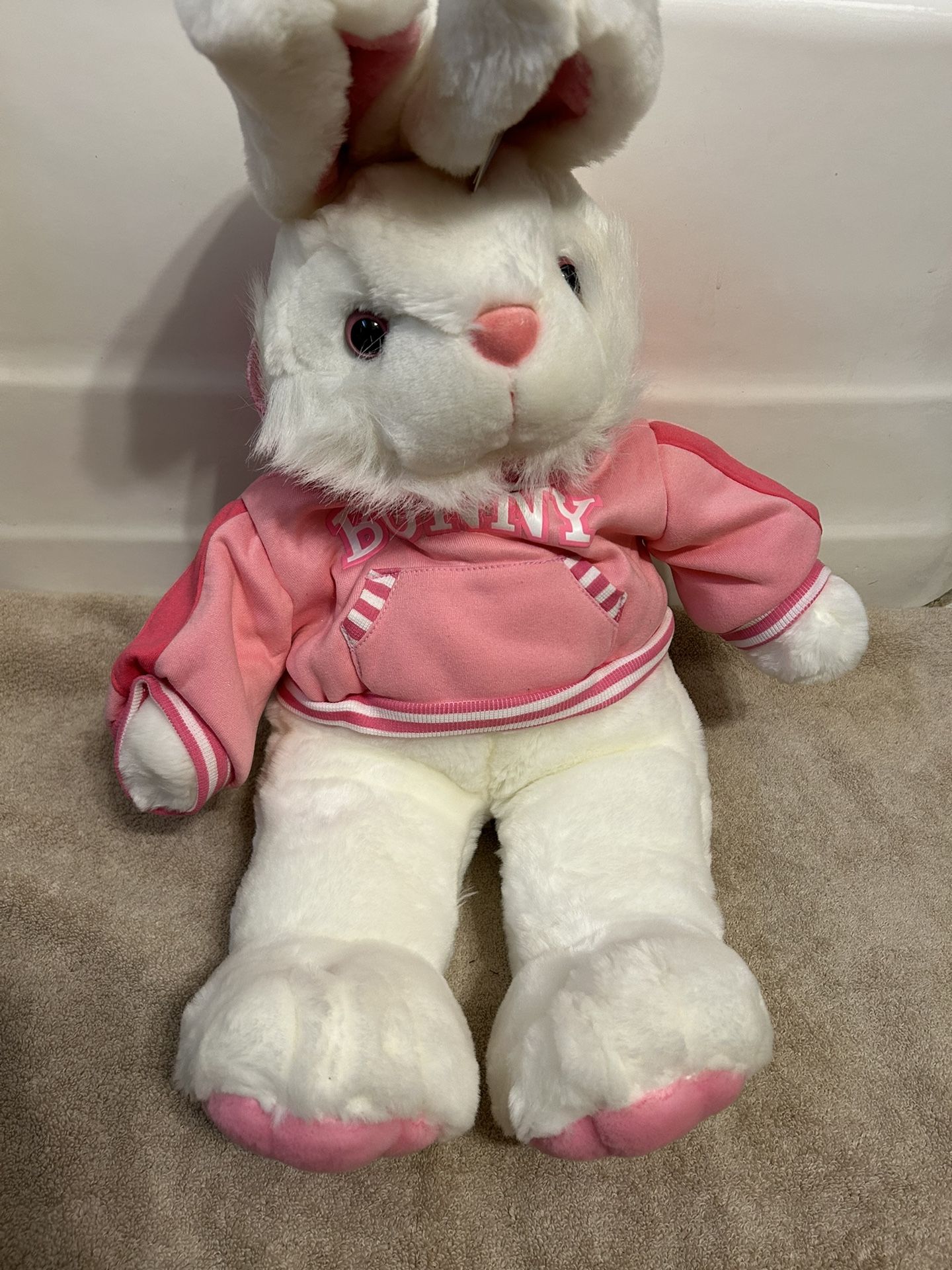 New Pink Easter Bunny Stuff Animal With Hoodie That Reads”Bunny”Measures 26” Length