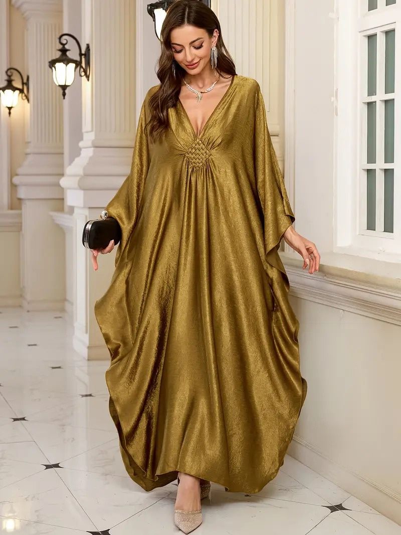 Elegant Golden Olive V-Neck Kaftan Dress for Women, Braided Batwing Sleeves, Loose Fit Maxi Gown, Long Flowing Beach Cover-Up & Casual Outerwear