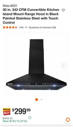 AKDY 30 in. 343 Kitchen Island Mount Range Hood