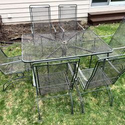 Vintage Wrought Iron Patio Set 6 Spring Rocking Chairs and Table