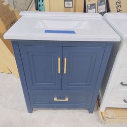 Brand New 30 in. W x 22 in. D Single Sink Bath Vanity in Navy Blue with White Marble Top $499 