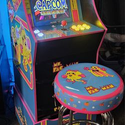 Custom Ms Pac Man Gaming Arcade 1up With Over 12,000 Video Games and Matching Stool