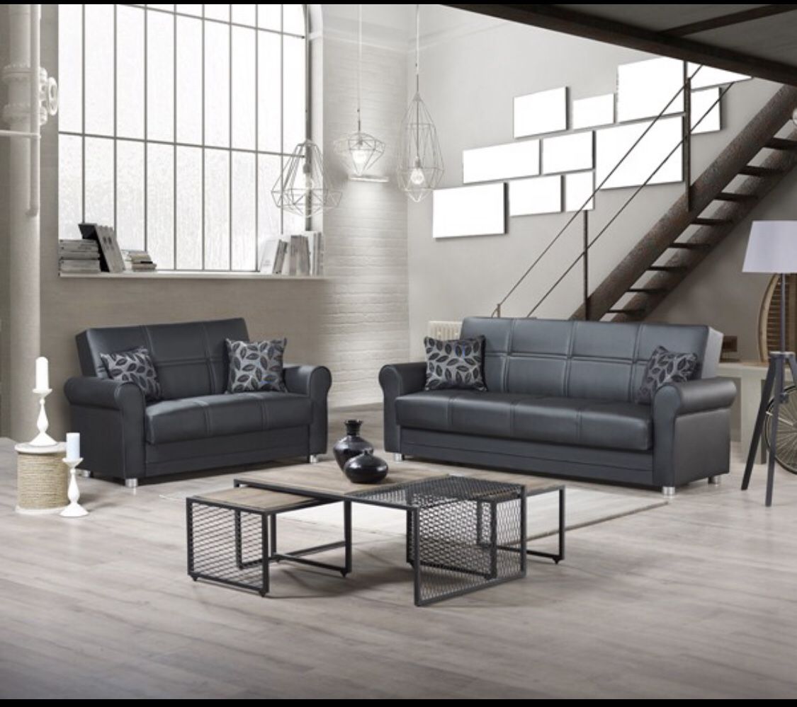 Sofa And Love Seat Faux Leather Converts To Bed And Storage Space Available We Deliver