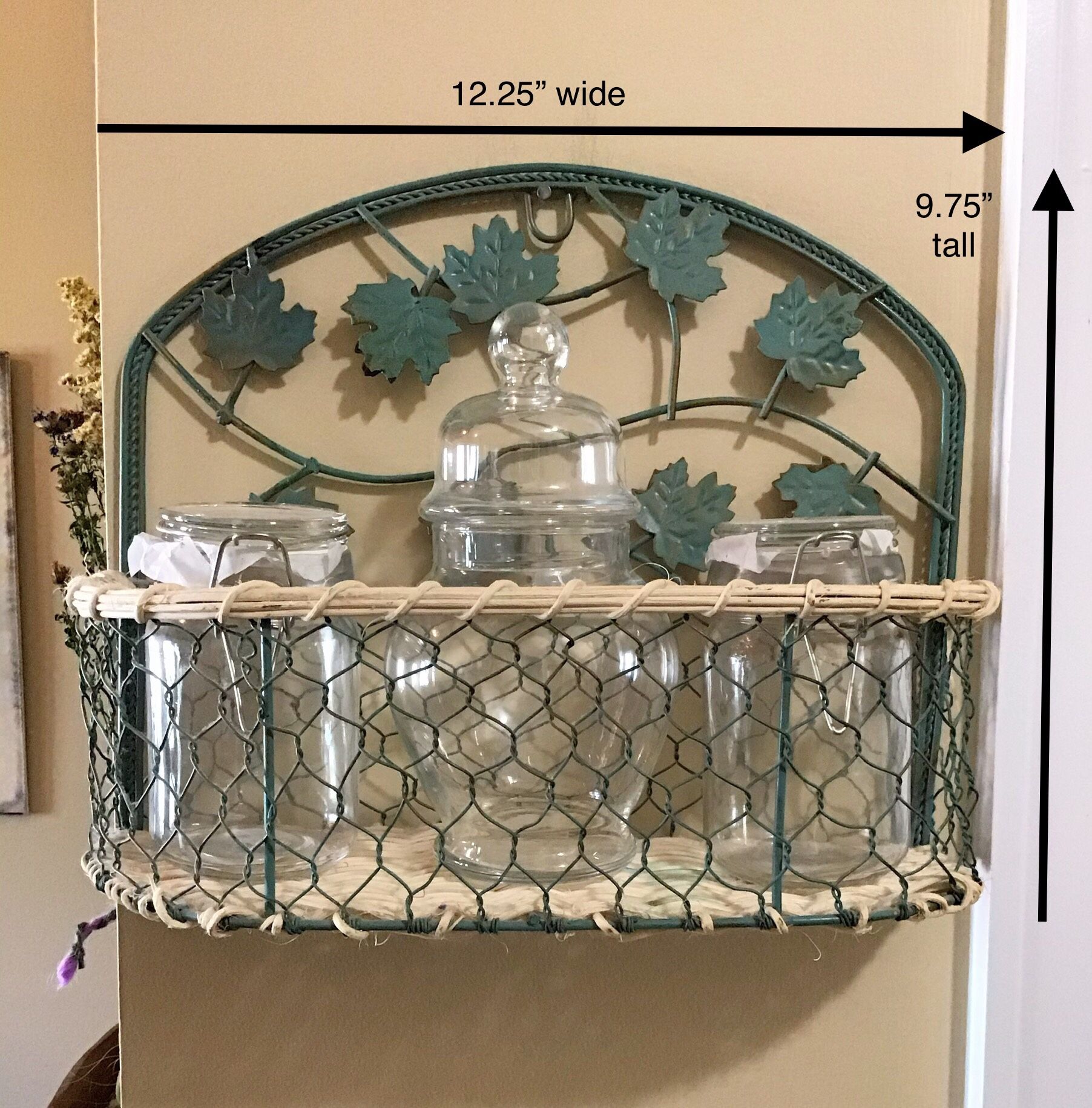 SALE!! Distressed Teal Metal & Light Rattan Hanging Shelf with 3 Brand New Clear Glass Jars