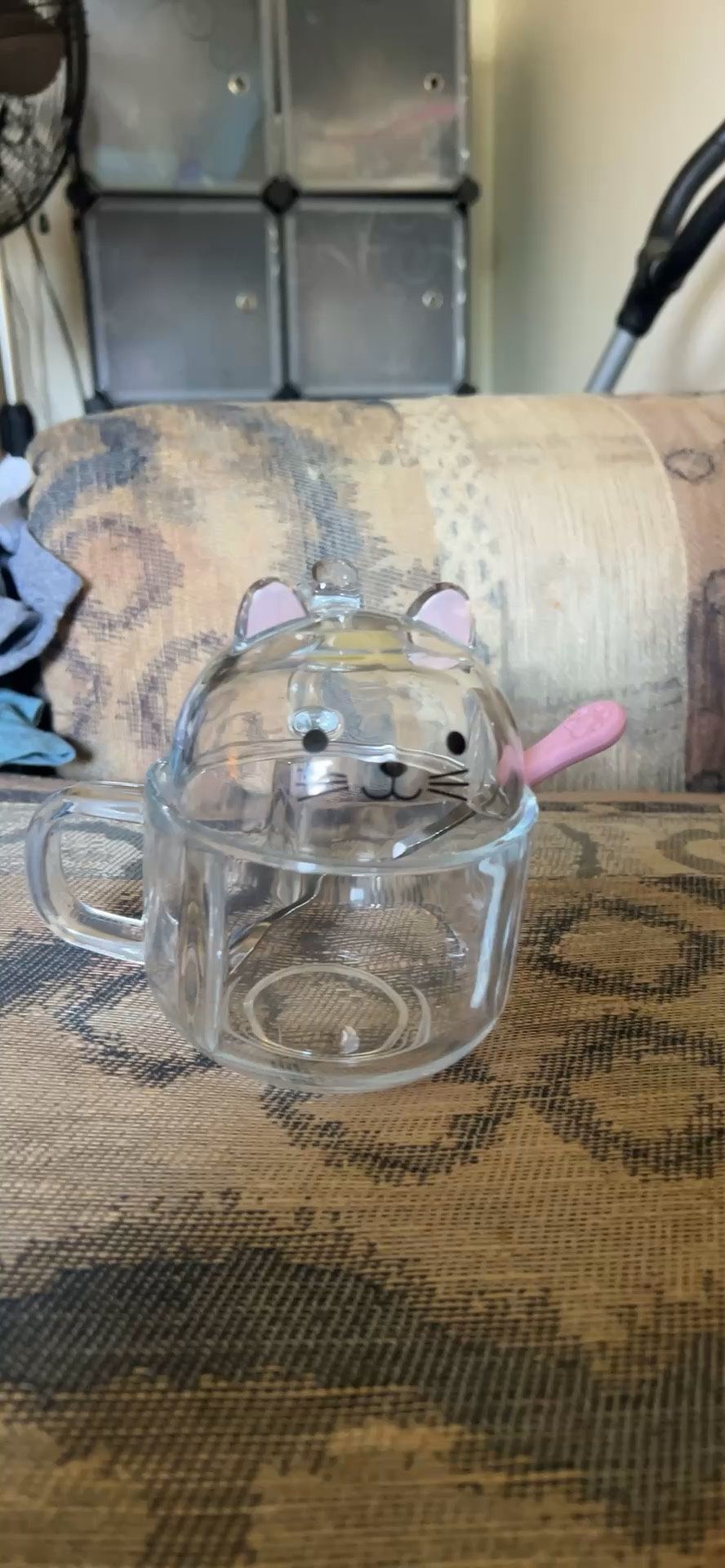 Cute Cat Glass Tea Cup with Lid and Spoon