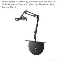 Phone Holder, Flexible Long Arm Adjustable 360 for 4 to 12.9 Inch Mobile Tablet with 3 Sections Aluminium Alloy Bracket Mount Black.