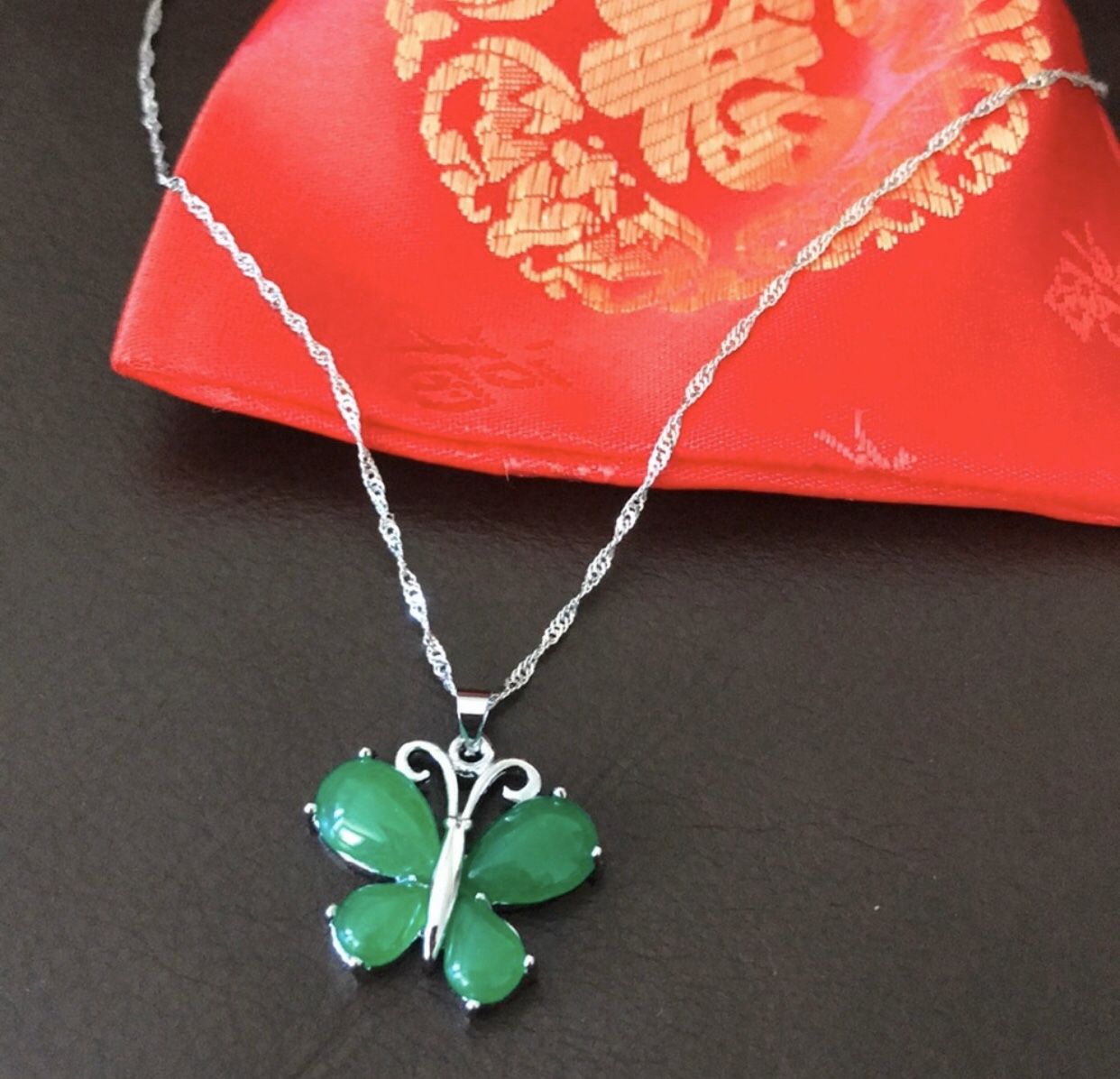 Brand new pure silver S925 jade butterfly Necklace with a Beautiful silk pouch!