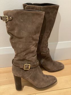 Coach Robynn Womens size 7 Tan Suede Buckle Strap High Heel Boots Made in Italy