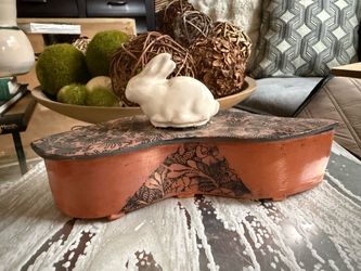 Fantastic Terracotta Ceramic Trinket Box with White Rabbit Lid - Unique & handmade Handcrafted ceramic trinket box is terracotta in color with a blac